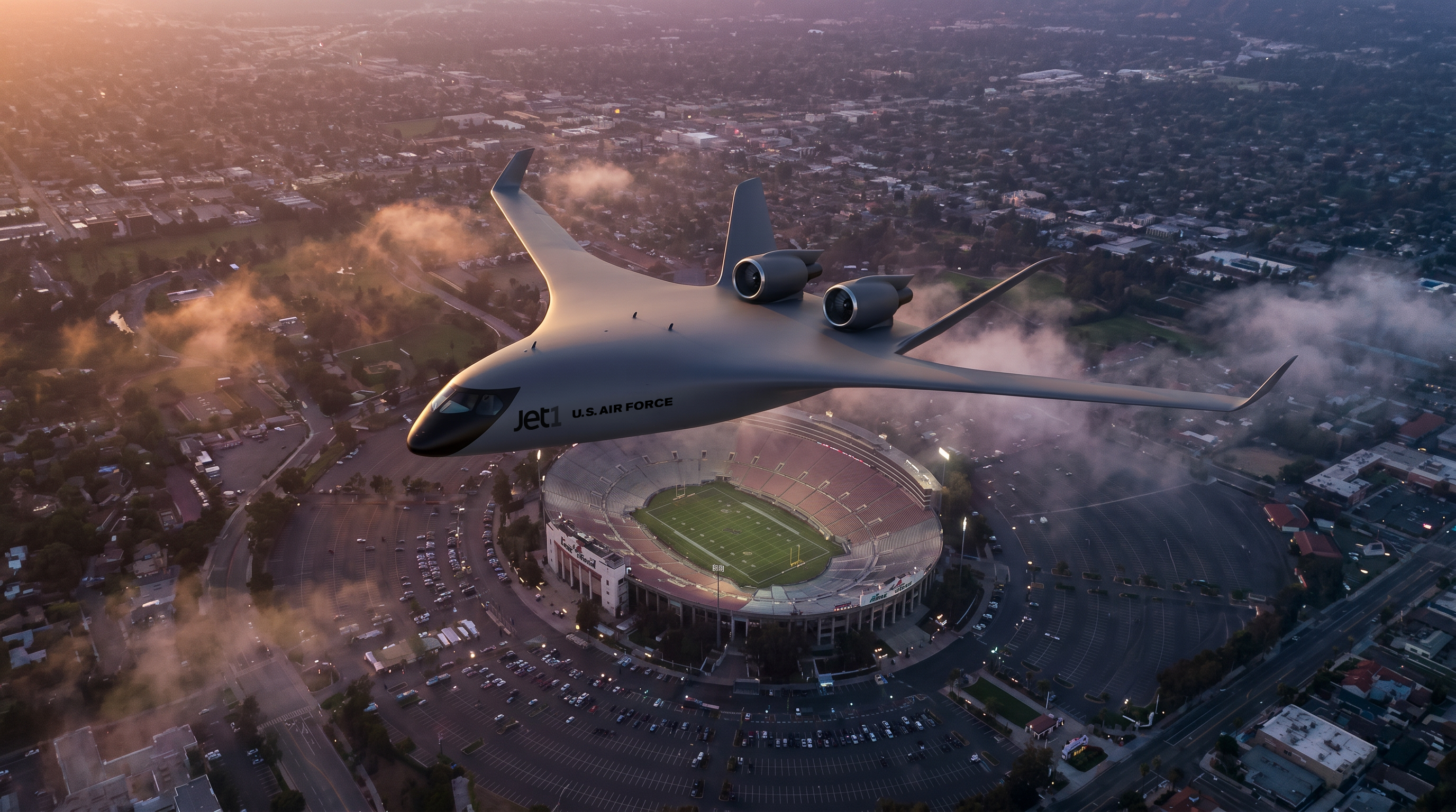 JetZero's Jet1 flying over the Rose Bowl
