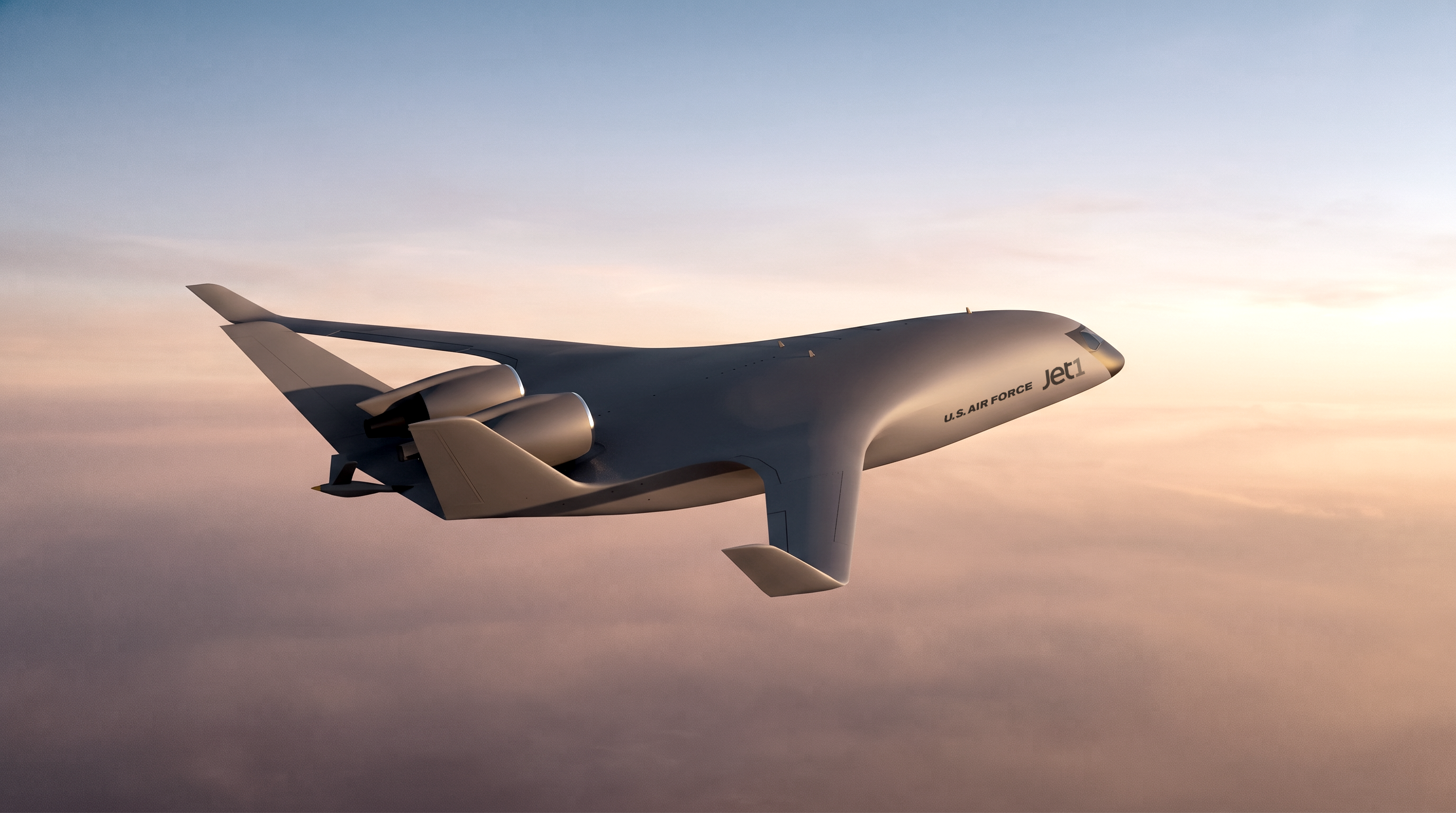 JetZero's Jet1 flying at sunset